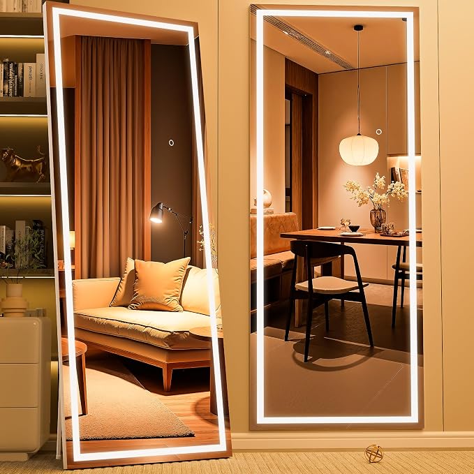 71" x 24" Full Length Mirror with Lights, LED Lighted Floor Standing Body Mirror, Dimmable & 3 Color Lighting for Bedroom, Cloakroom, Dressing Room, Tempered Glass, White Frame