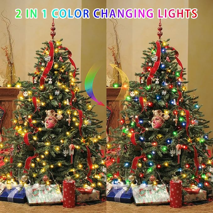JMEXSUSS 2 Pack Fairy Lights Battery Operated, Warm White & Multicolor | Total 200LED 66ft, with Remote & Timer, Color Changing Christmas Lights, 8 Modes Twinkle String Lights for Bedroom Tree Decor