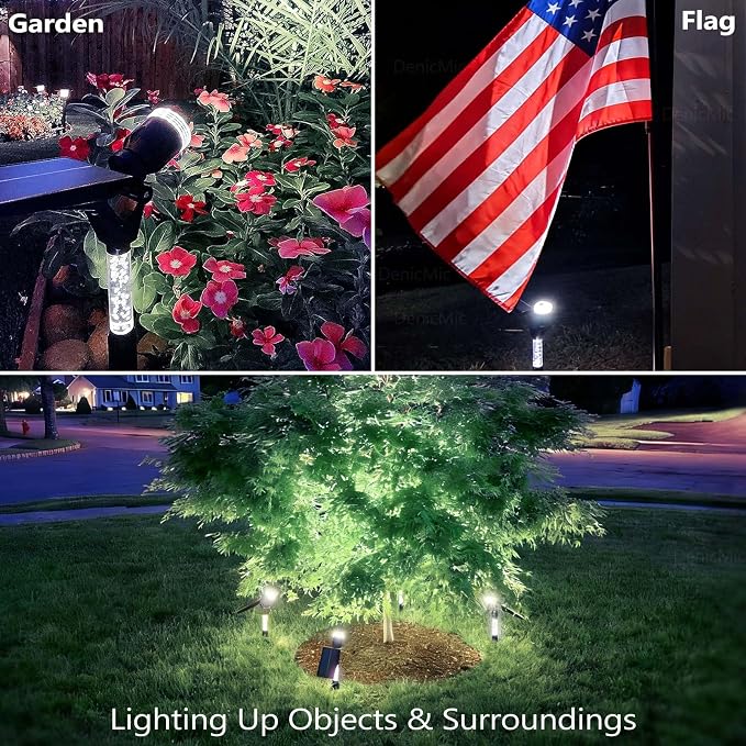 DenicMic Solar Spot Lights Outdoor Waterproof 5000K Lens LED Spotlights | Adjustable Angel Long Range Solar Lights Outdoor for Yard Garden Patio Wall Tree Landscape, Acrylic Lighted Pole, 4 Pack