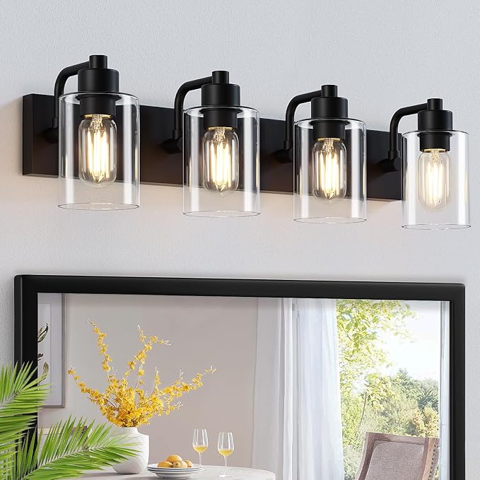 Dpyrrhic Bathroom Vanity Light, Modern Matte Black 4-Light Bathroom Lights Over Mirror with Clear Glass Shade,Wall Sconces for Bedroom,Living Room