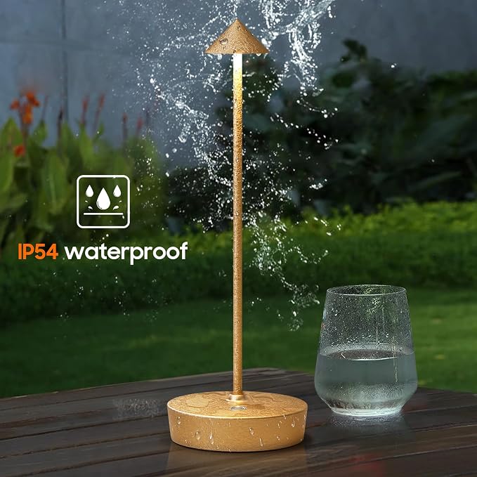 2P Cordless Rechargeable Led Table Lamp Battery Operated Light CHMP Gold | Ice Crackle Finish Champagne Gold Touch 3 Color Dimming Portable Metal Outdoor Waterproof Light for Patio/Restaurant/Dining