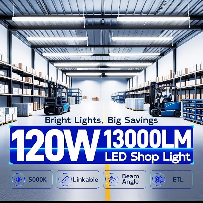 hykolity 4FT 120W LED Shop Light Linkable,13000LM(400w Equivalent) | 5000K Utility Shop Lights for Garages, Workshops, Basements, Hanging or FlushMount,with Power Cord and Pull Chain,ETL