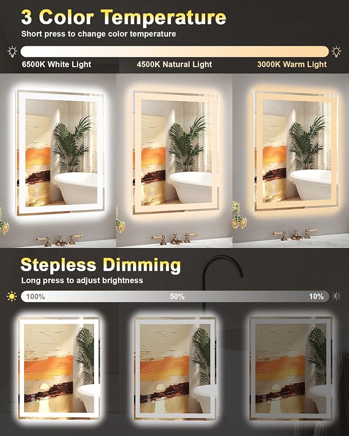 68x36 LED Bathroom Mirror, 6000LM, Separate Front and Back Lights | UL Certified,Shatter-Resistant Tempered Glass,Auto-Off Defogger,3 Color Modes,Smooth Dimming,Smart Memory Setting