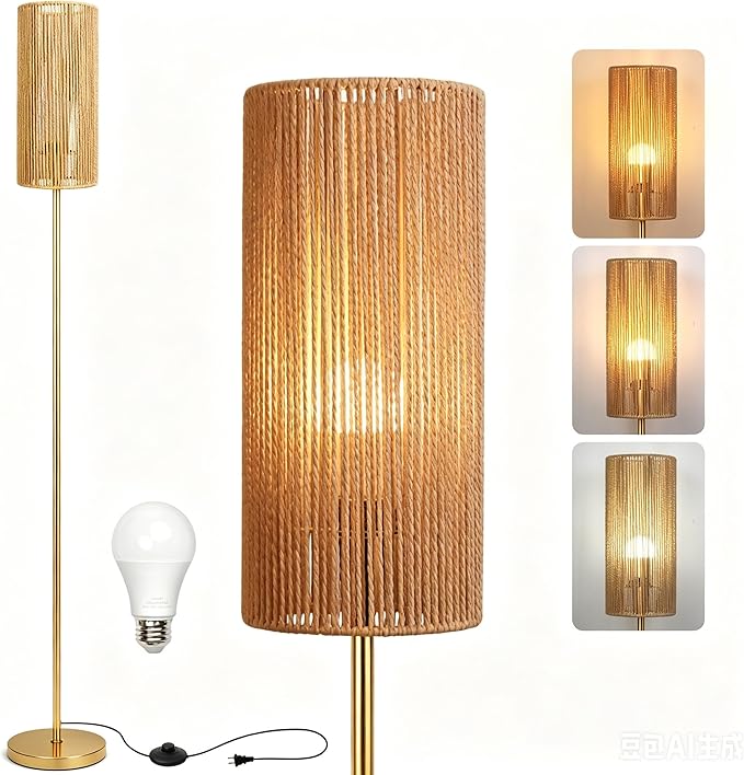 Ruiever Floor Lamp for Living Room,Farmhouse Floor lamp,Modern Standing lamp with Hand-Worked Rattan Shade (Straight Line Rattan Shade Gold Lamp- 3 Color Bulb)