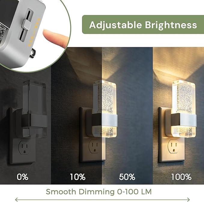L LOHAS LED Night Light, Dimmable Night Lights Plug into Wall, 2 Pack | Acrylic Silver Nightlight with Light Sensor, 0-100LM Automatic Plug in Nightlight for Bathroom, Hallway, Stairway, Gift