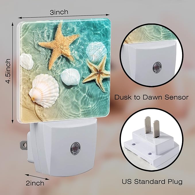 Starfish and Seashell Night Light Plug into Wall, Summer Beach Ocean Waves Dusk to Dawn Night Light Plug in,0.5w Energy Saving Sleep Friendly NightLight for Kids Boys Girls Home Decor