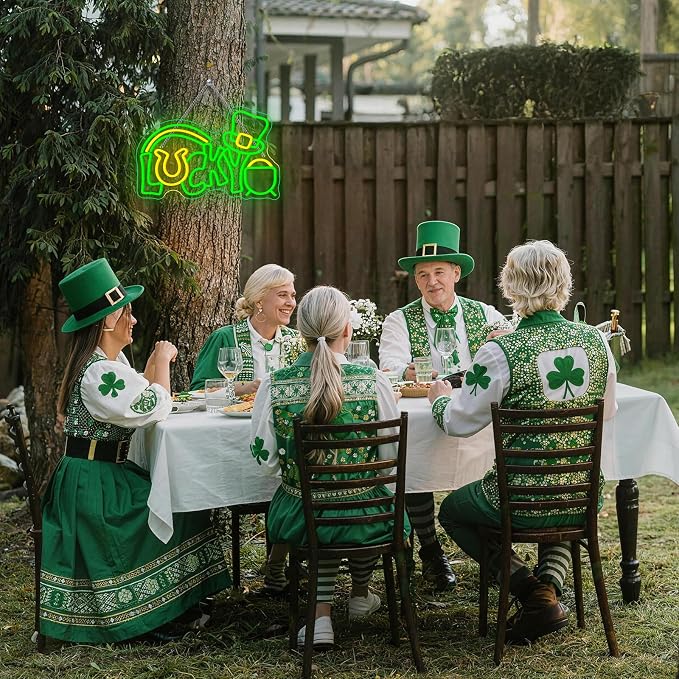 Lucky Clover Neon Sign Green Leaf Light for St. Patrick's Day Decoration | 15.7IN*9.8IN,Five level brightness adjustment,USB power,For Bar,Club,Pub,Party,Restaurant,Bedroom,Home,Family