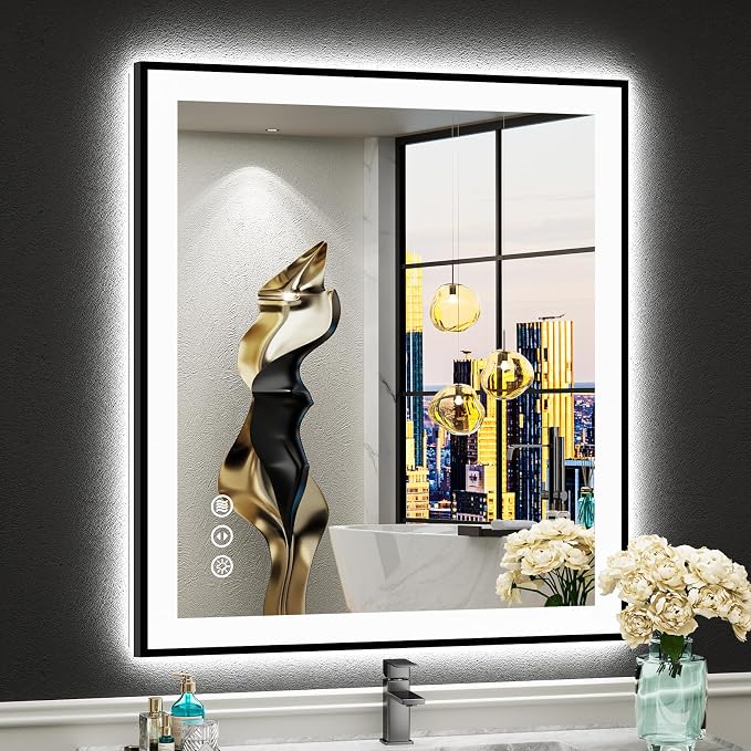 28x32 Black LED Bathroom Mirror, Backlit & Front Lit Lighted Mirror | Metal Framed Anti-Fog Vanity Mirror with Lights, 3 Color Dimmable, Memory, Tempered Glass, CRI95, IP54, Horizontal/Vertical