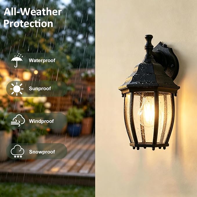 Outdoor Wall Light Fixture, Rustproof Aluminum, Glass | Dusk to Dawn Large Exterior Porch Light Wall Sconce Lantern for House, Patio, Garage, Waterproof, E26 Socket 60W Max, Black