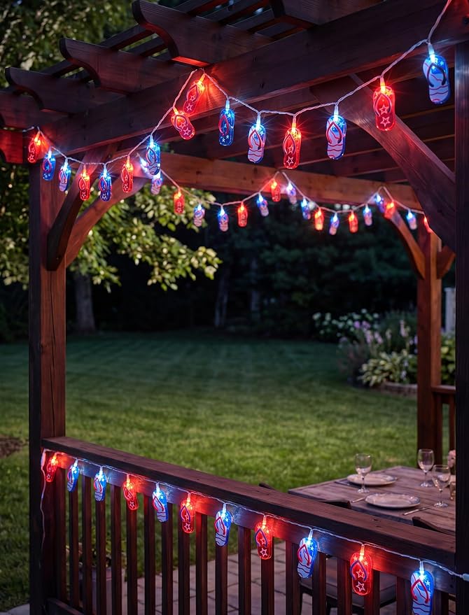 8.5Ft Tropical Beach Slipper String Lights, 4th of July American Flag | Plug in,10 LED Bulbs, Independence Day Decoration Flip Flop Lights for Patriotic Party Festival National Day, White Wir