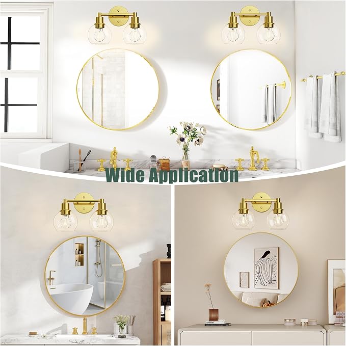 2 Light Bathroom Light Fixtures, Brushed Brass Bathroom Vanity Lights, Modern Vanity Lights 2-Light Globe Bathroom Vanity Lighting Fixture Over Mirror