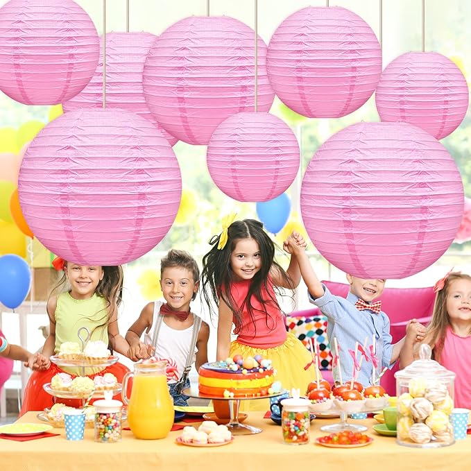Pink Paper Lanterns Celehappy Hanging Round Paper Lanterns Decorative 6" 8” 10” Chinese Lanterns for Birthday Wedding Party Decoration Baby Showers Valentine Indoor Outdoor 12pcs