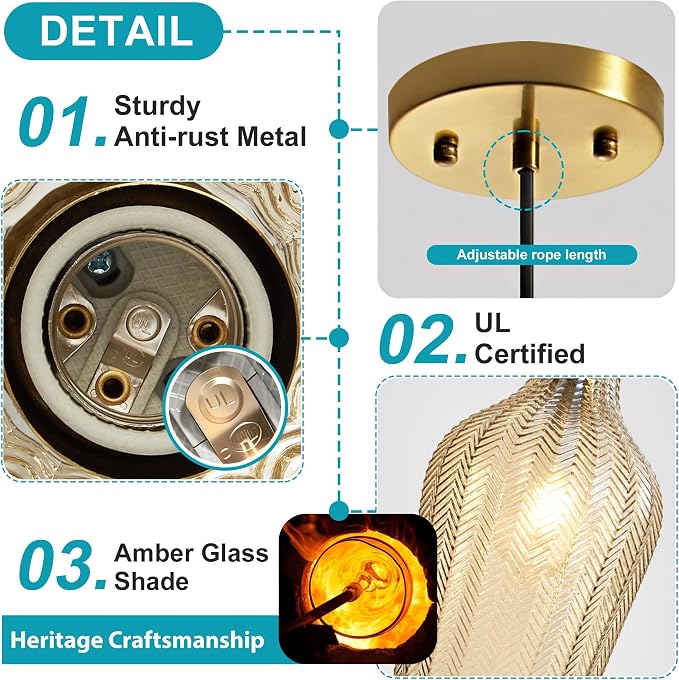 Amber Glass Pendant Lights Kitchen Island Gold Hanging Ceiling Light 6.7" | 1 Pack, Adjustable height, Dimmable, E26 bulbs, Rust-resistant Damp Rated For Bathrooms, 5-Year Warranty, UL Certification