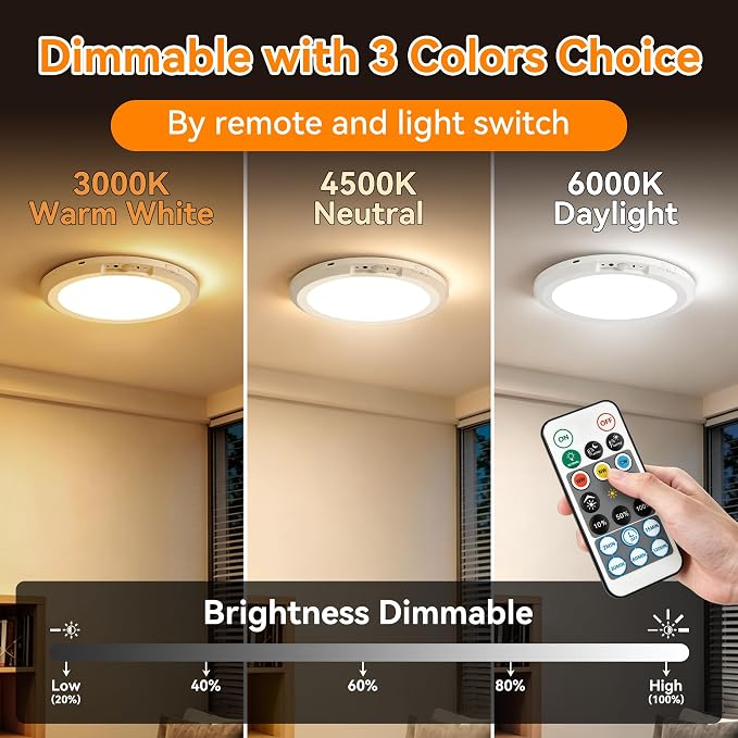 10000mAh Rechargeable Ceiling Light, Battery Operated Motion Sensor Closet Light with Remote, 3 Color Temperatures Dimmable Magnetic Mount for Closet Shower Hallway (1)