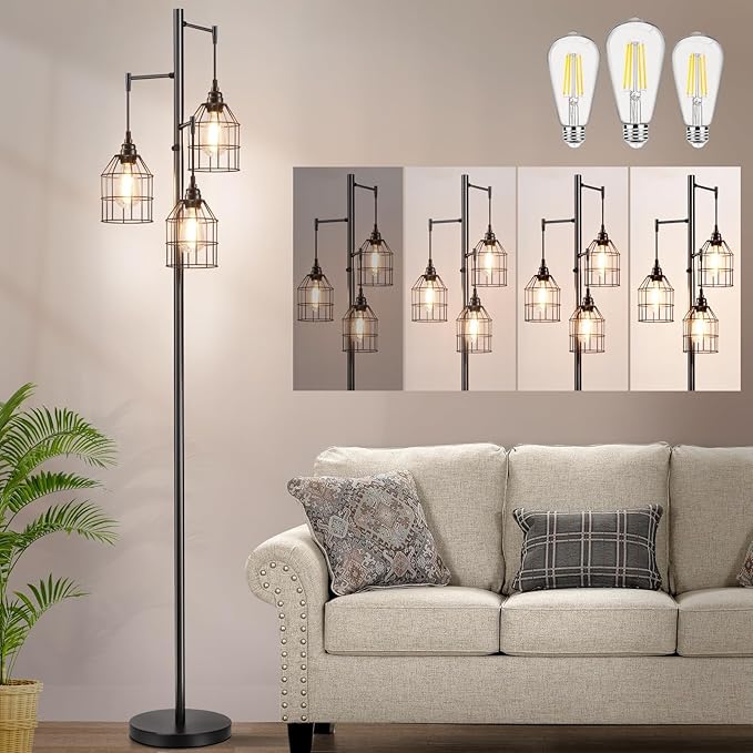 Sucolite 70" Dimmable Floor Lamp for Living Room, Industrial 3-Light Tree Floor Lamp Black with Cages, Farmhouse Rustic Tall Standing Lamp Floor Lighting for Bedroom Office, 3 Free LED Edison Bulbs