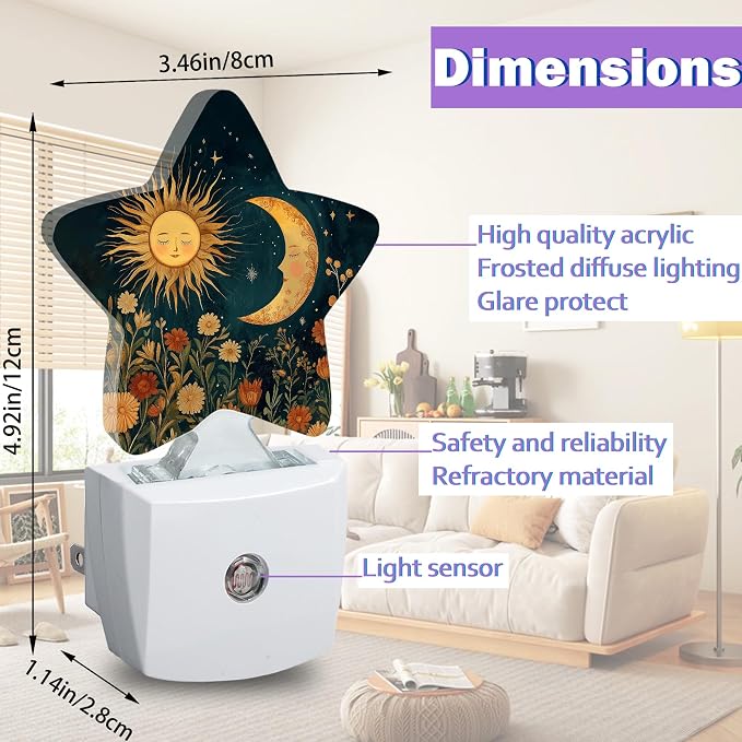 Energy Efficient Nightlights Plug in Wall, Boho Sun Moon Night Light for Kids Bedroom Decorative, Vintage Flowers Dusk-to-Dawn Sensor Sleep Friendly Lamp for Nursery Bathroom Basement