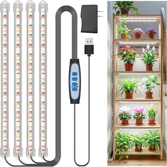 Kullsinss 16in Grow Light Strips, 4-Bar 240 LEDs Full Spectrum Plant Light | Under Cabinet Growing Lamp for Indoor Plants with 6/12/16H Auto Timer, 5 Dimmable Levels, 15W Sunlike Plant Lamp for Seedling