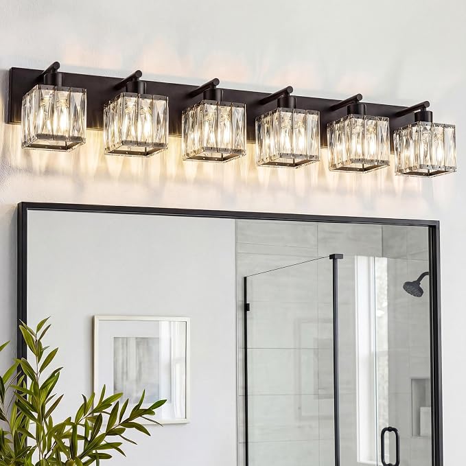 VOLISUN Black Bathroom Light Fixtures, Modern Bathroom Lighting Fixtures Over Mirror, 6 Light Bathrooms Vanity Light, Crystal Vanity Light for Bathrooms-UL Certificated(Exclude Bulb)