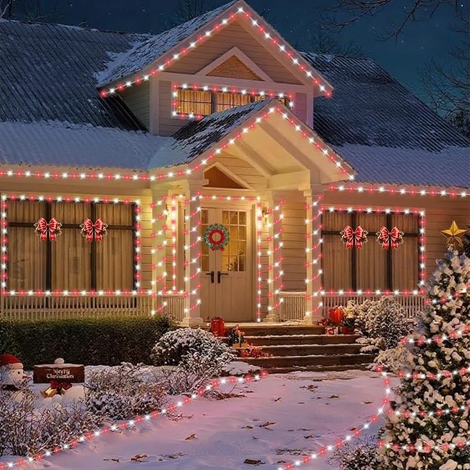 YEGUO Solar Christmas Lights Outdoor Waterproof, 2 Packs Each 33ft 100 LED Rope Lights, 8 Modes Fairy String Lights in Clear Thin Tube for Camping Fence Patio Garden Trampoline Deck(Red and White)