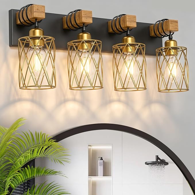 IZORRO Farmhouse Bathroom Vanity Light, 4-Light Wood Bathroom Light Fixtures Over Mirror, Black and Gold Industrial Vanity Lights with Metal Shade, Rustic Restroom Lighting Fixtures