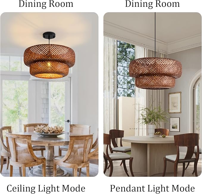 TeruTeru Ji Kaikang Bamboo Pendant Light,17.7" Brown Rattan Hanging Light | Boho Curry Bamboo Rattan Pendant Lights,Hand Woven Rattan Chandelier for Kitchen Island Dining Bedroom Living Room