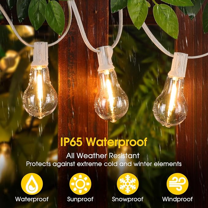 100FT Outdoor String Lights, Patio Light with 32 A39 Bulbs, White | Plug in, Dimmer not included, Waterproof, Shatterproof, Extendable, LED Hanging Lamp for Wedding Engagement Birthday Party