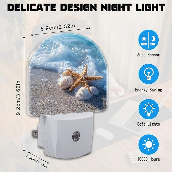 Starfish and Seashells on Beach Night Light for Kids,Summer Beach Ocean Waves Plug in Night Light with Dusk to Dawn Sensor, 0.5w Energy Saving Nightlight for Hallway Stairway Kitchen Bedroom