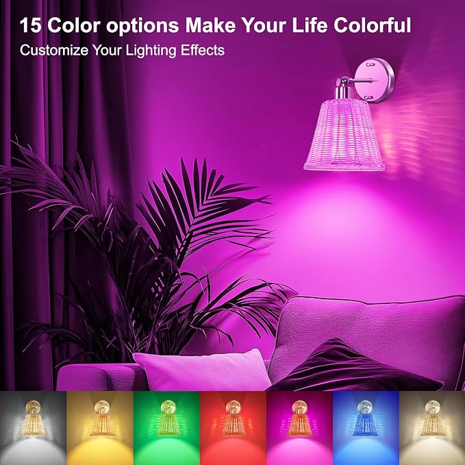 Frideko Rattan Rechargeable Wall Sconces Set of Two with Remote, RGB 15 Colors Dimmable Battery Operated Wall Lights, Indoor Wireless Wall Lamp with 3 Timer, Farmhouse Boho Sconce Light for Bedroom