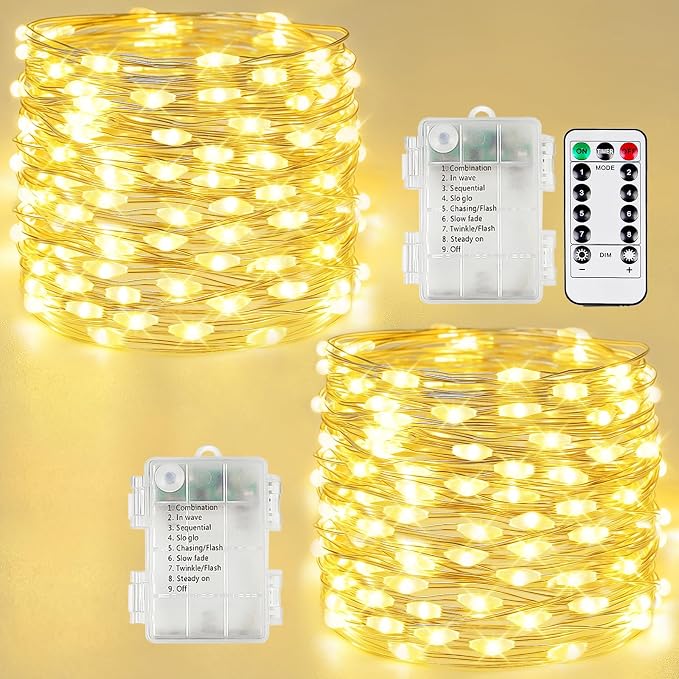 2 PK Fairy Lights Battery Operated with Remote Each 200 LED 66FT Warm White | Waterproof Battery LED Christmas String Lights with 8 Modes Timer for Xmas Tree Bedroom Windows Pillar Door Frame Decorations