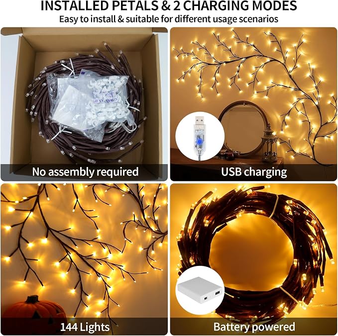 7.55FT 144LED 2PCS Brown USB Tree Branch Lights for Wall with Battery Box | Enchanted Tree Branch Lights for Wall, Bedroom Wedding, Christmas with Remote Timer, 8 Light Model, USB Battery Box