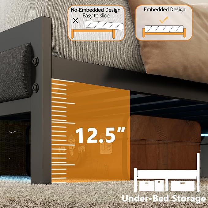 Full Size Bed Frame with Storage Shelf and Upholstered Headboard | Metal Platform Bed with LED Light, Charging Station and Heavy Duty Slats, No Box Spring Needed, Noise Free & Easy Assembly
