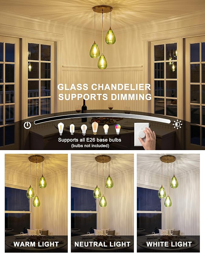 Brushed Gold 3-Light Pendant Lighting, Modern Dining Room Light Fixture Over Table with Green Hammered Glass, Cluster Hanging Lights for Kitchen Island Dining Room