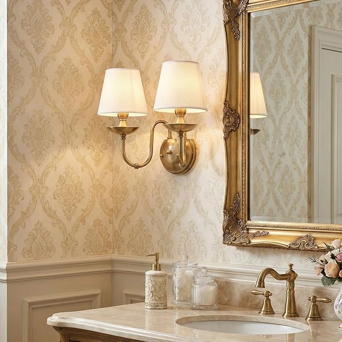 Aiwen 2-Light Bedroom Wall Lamps Polished Solid Brass Finish Wall Lights with White Flax Fabric Shade Vintage Reading Lights Wall Sconces for Bedside Hallway E12