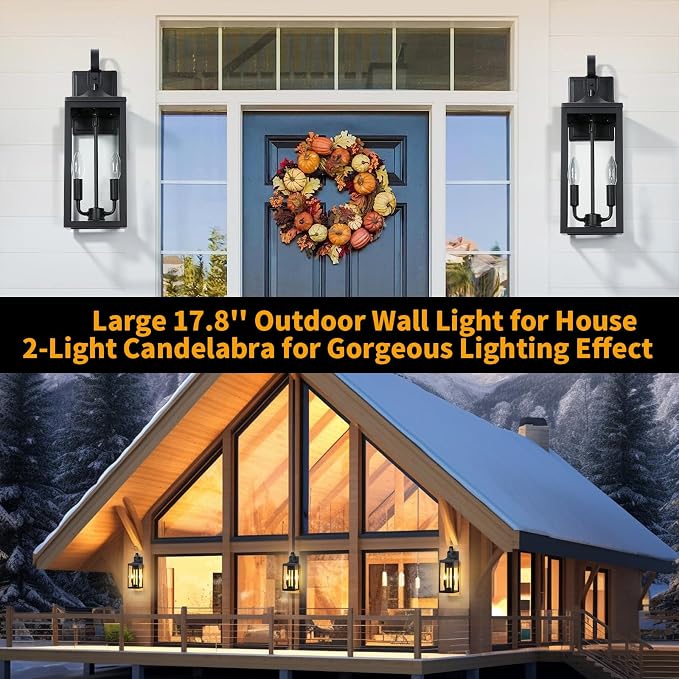18'' Large Outdoor Wall Lights 2 Packs, Porch Light E12 2-Light, Black | Waterproof Exterior Lighting Fixtures, Outdoor Lanterns for Porch, Modern Wall Sconces, Outside Lights for House Garage