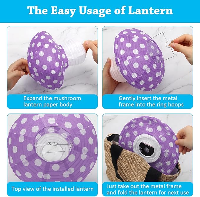 4Pcs Mushroom Shaped Paper Lanterns, Windspeed Large Paper Lantern Mushroom Shaped Paper Lantern For Nursery Garden Christmas Party Decoration 8 inch, 12 inch (Purple)