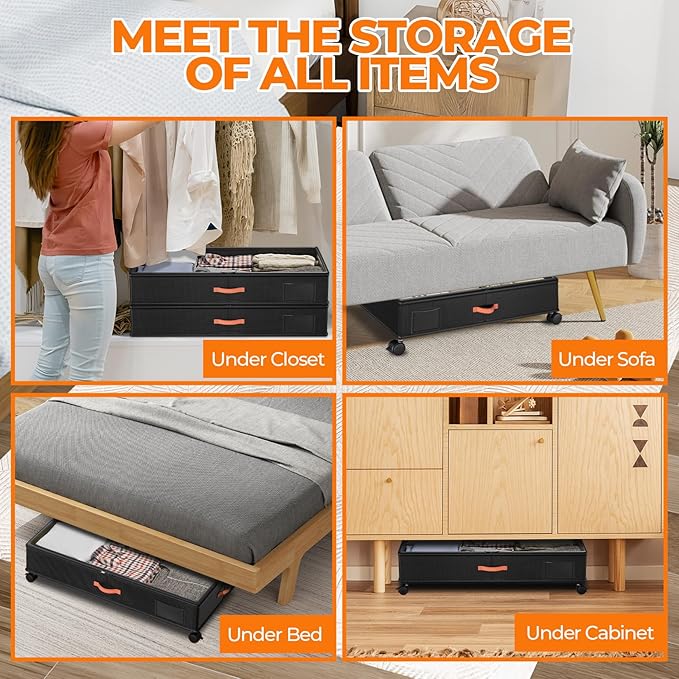 Under Bed Storage with Wheels,2-Pack Under Bed Storage Containers with Clear Lids,XXL Large Under the Bed Storage Organizer Bins With Handles,Space Saving Design for Clothes,Shoes,Books-Black2