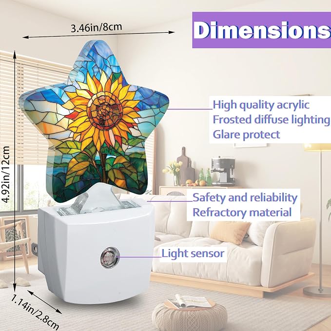 Glass Sunflower Night Light for Kids,Vintage Floral Night Lights Plug Into Wall, Lightweight Dusk to Dawn Light Sensor Warm Nightlights for Girls Boys Bedroom Nursery Basement