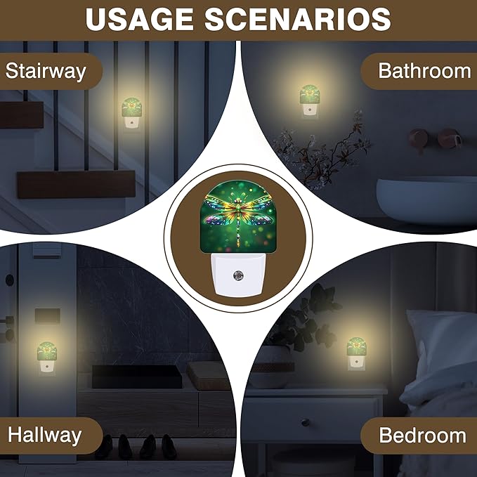 Night Light, Glitter Dragonfly Night Lights Plug into Wall Dusk to Dawn Sensor Round Nightlight for Women Men Energy Efficient Led Lamp 0.5W for Stairway Hallway Bedroom