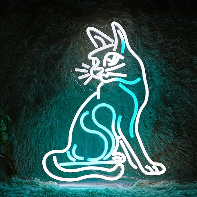 Dimmable Cat Neon Sign White Ice Blue Cat Neon Light Led Cat Light Up Sign for Wall Decor USB Powered Neon Light Cat Sign for Pet Shop Bedroom Cat Cafe Art Room Cat Lover Gift(16.5"*13"）