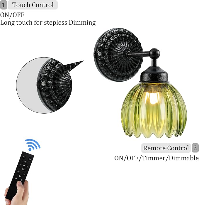 Battery Operated Wall Sconce, Vintage Wall Light, 2 Pack, Green Tulip Glass | Black Metal Base, 5200mAh Rechargeable, Dimmable LED, Remote Control, Cordless, Bedside, Bedroom, Doorway, Living Room
