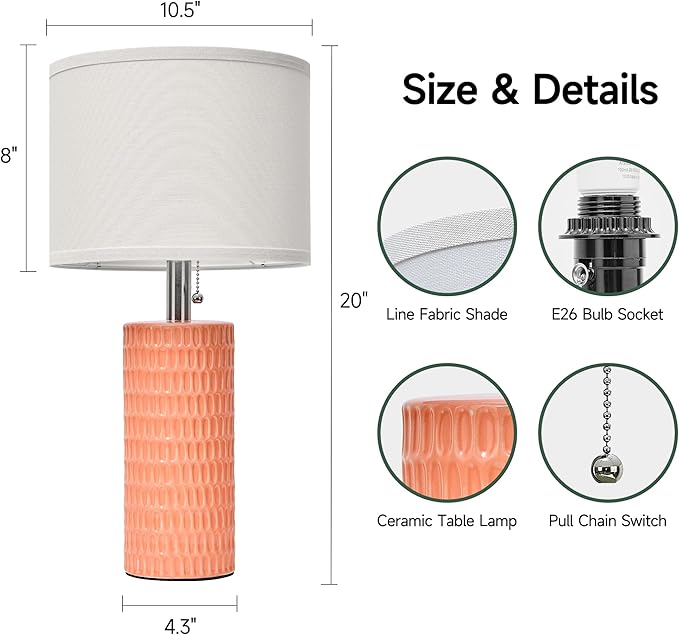 Table Lamps for Living Room Set of 2, Ceramic Table Lamps for Bedroom, 20" Modern Lamps for Night Stands, Orange