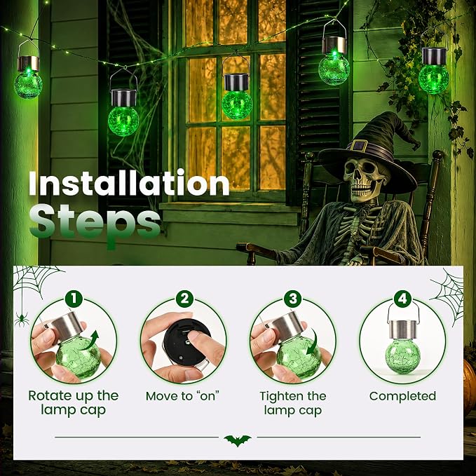 GIGALUMI Halloween Solar Lights Outdoor Solar Hanging Lanterns Outside 12PC | Green, Halloween, Solar Powered, Waterproof, Decorative, Crackle Glass, Graden&Tree Decoration, Gifts for Women, Ornaments
