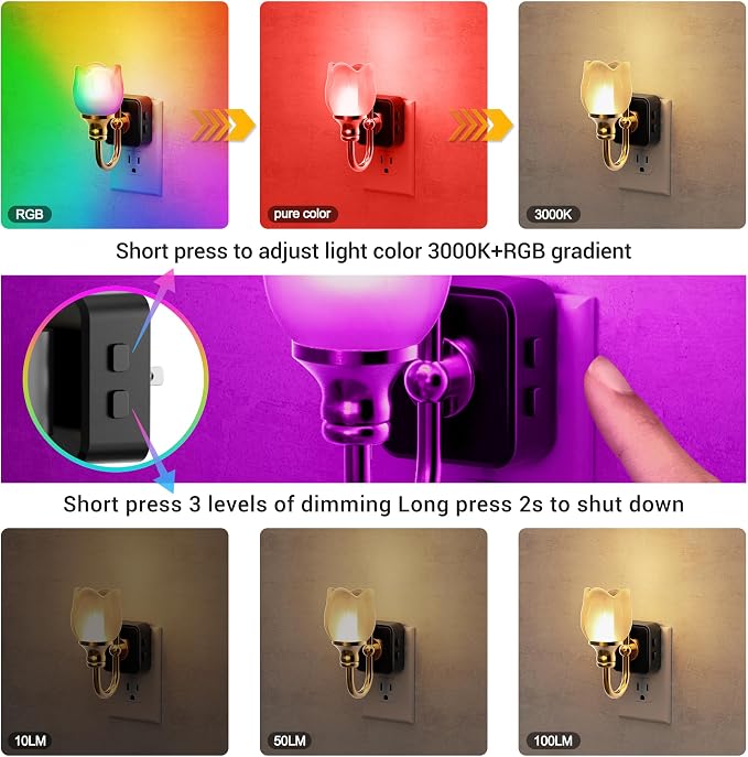 JandCase Night Light, Color Changing Night Lights Plug into Wall RGB | Glass Tulip LED Nightlight, Dimmable Flower Nightlights, Dusk to Dawn Sensor, 180° Rotating Vintage Nite Light for Bathroom