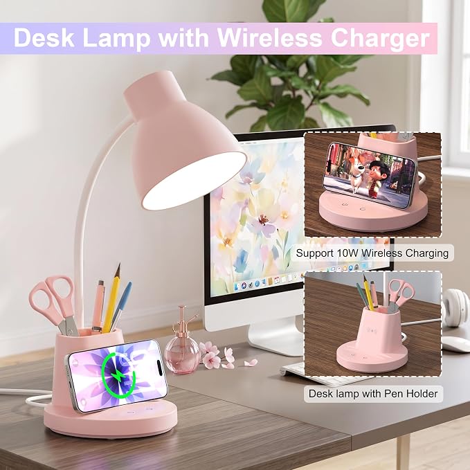 10W Wireless Charging LED Desk Lamp with Pen Holder, CRI 95, Pink | 800LM, 3 Modes, 360°Flexible Arm, Touch, Brightness, Table Lamp for Home Office, Dorm, Bedside, Study, Reading, with Adapter