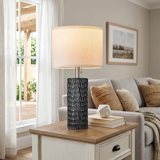 Reaketon 20" Small Ceramic Table Lamps for Bedroom Set of 2, Modern Table Lamps for Night Stands, Living Room, Home Office and Hallways, Black
