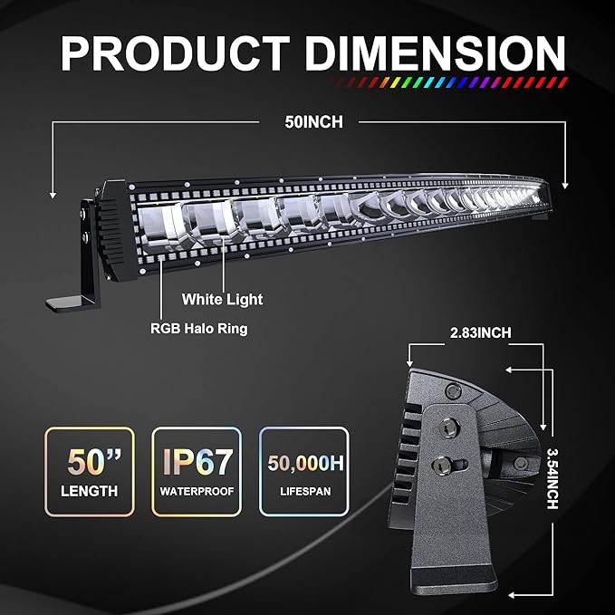 Lpteso RGBW Curved LED Light Bar 50Inch 288W Flood Spot Combo Beam 2PCS 4 Inch 18W Flood RGB LED Pods with 16 Solid Colors Chasing RGB Halo Ring Changing with Strobe Flashing with Rocker Switch Wiring