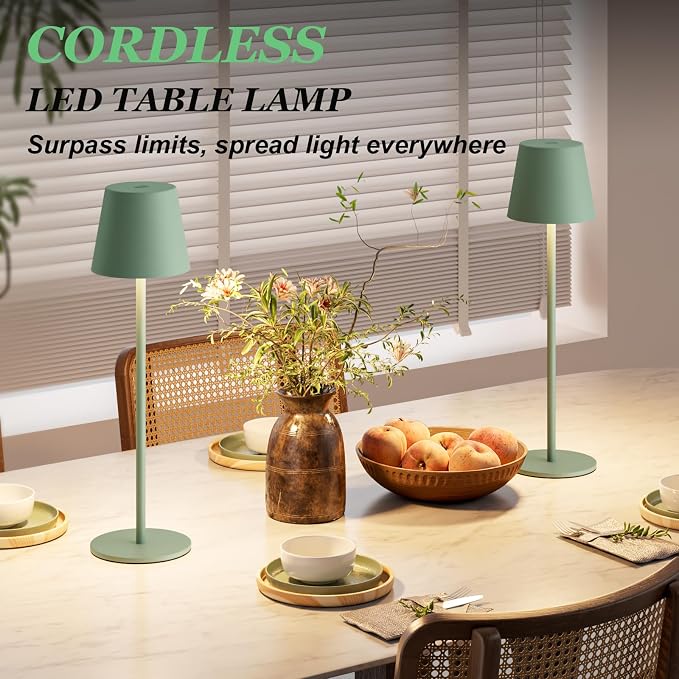 Kakanuo Cordless Table Lamp Rechargeable Green - KK 2 Pack 5000mAH Battery Operated Lamp for Dining Table, 3 Color Stepless Dimming Wireless Lamp for Counter, Outdoor Patio, Touch Control