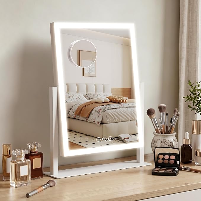 Acoolda Vanity Mirror with Lights,16.9"x 14" Lighted Makeup Mirror, Makeup Mirror with Lights,Three Color Lighting Modes, and 10X Magnification Mirror, Smart Touch Control, 360°Rotation White