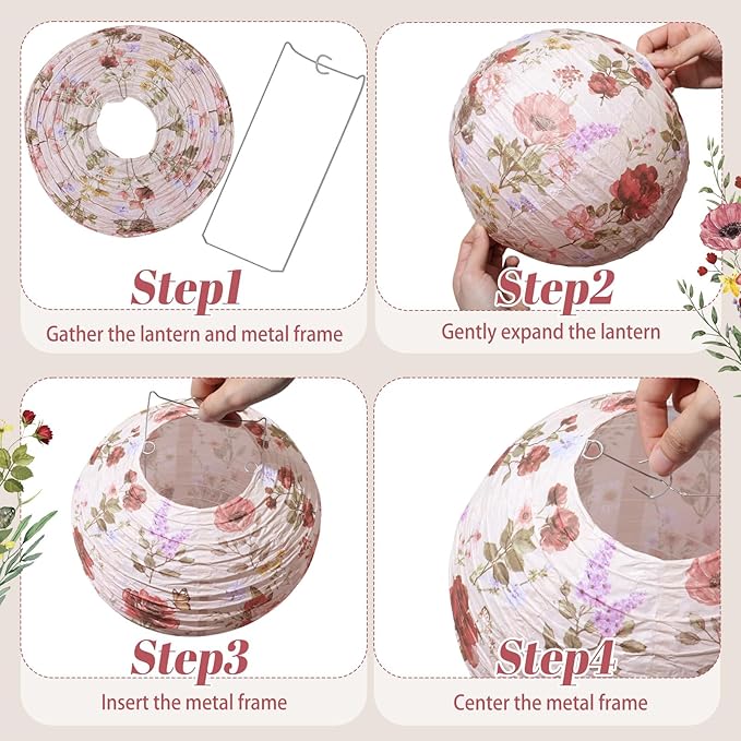 Honoson 12 Pcs Rose Paper Lanterns Tea Party Decorations Spring Floral Rose Flower Birthday Party Decorations 10 Inch Hanging Round Paper Lanterns for Wedding Bridal Shower Baby Shower