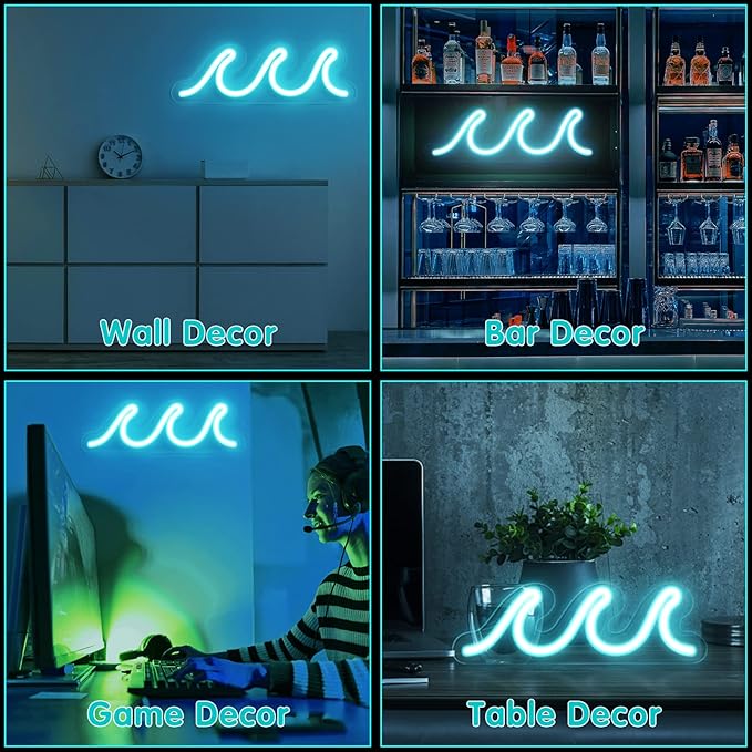 Wave Neon Signs for Bedroom, Ice Blue LED Neon Signs for Wall Decor, Night Lights USB Powered with Dimmer & Switch, Tropical Decor for Living Room, Bar, Dorm, Birthday Gift, Wedding Party